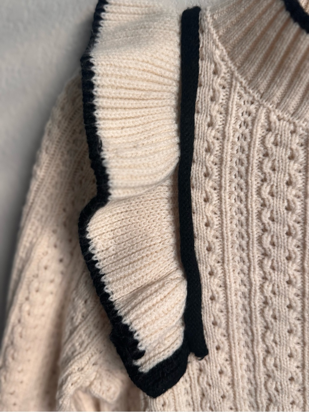 Mable | Cream Cable Knit Ruffle Trim Sweater - Picture 3 of 9